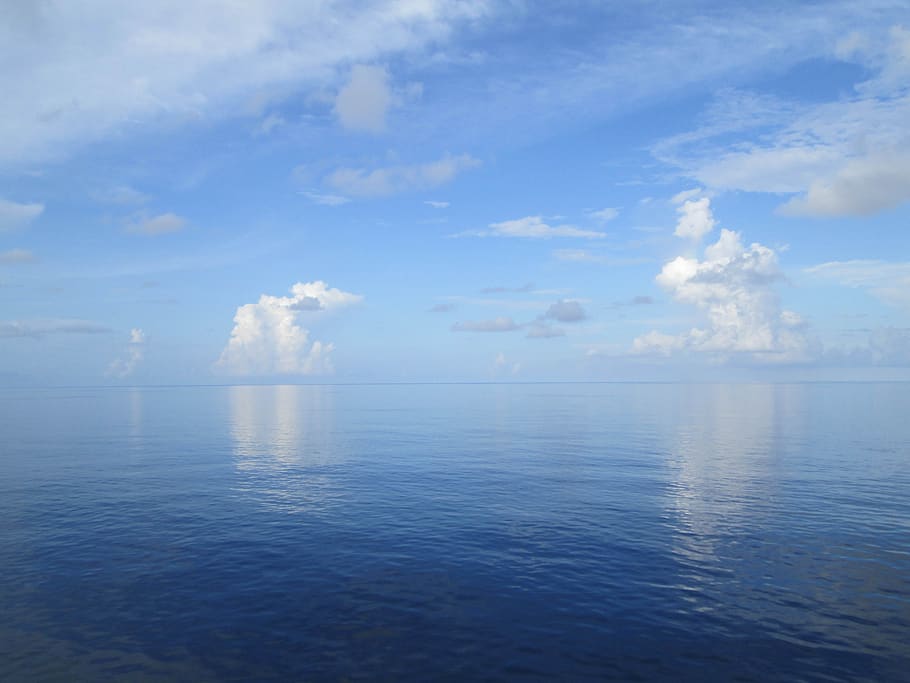 ocean, sky, clouds, horizon, sea, nature, seascape, puffy, scenic, view