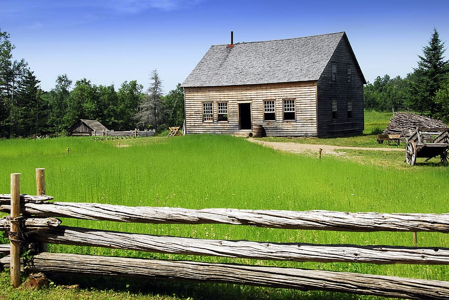 Acadian Village, Cottage, Rural, Scene, flax field, wooden fence, rural Scene, wood - Material, fence, farm