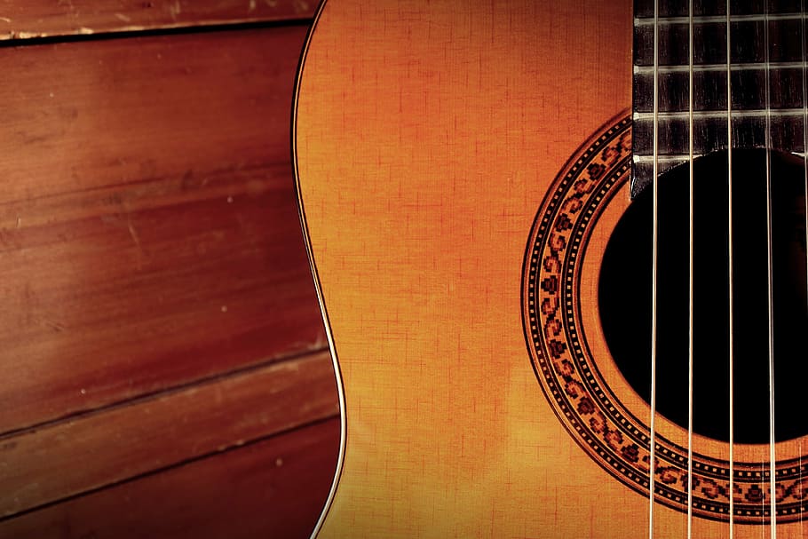brown guitar, guitar, ropes, instrument, music, wood, musical, sound, musical Instrument, wood - Material