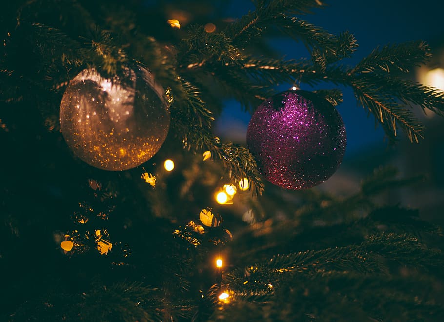 Navidad, árbol, luces, bola, decoración, adornos, vacaciones, temporada, noche, decoración navideña