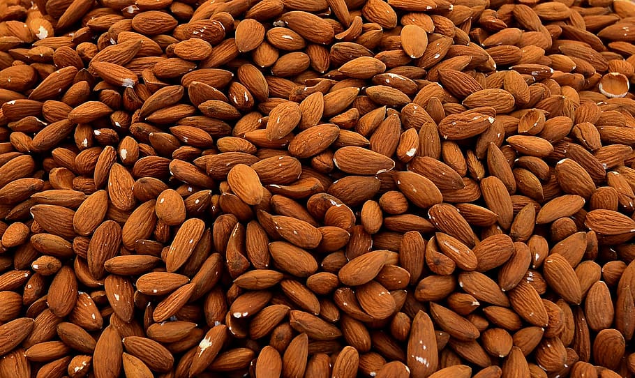 brown coffee beans, almonds, cores, nuts, fruit, food and drink, food, backgrounds, full frame, large group of objects