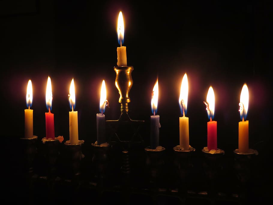 assorted, color, lighted, candlesticks, candles, menorah, light, hanukkah, celebration, festival
