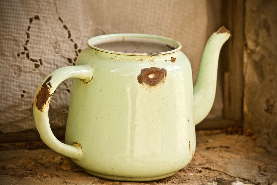 bule de chá, recipiente, antiga, ferrugem, tradicional, velho, ferver, panela, chá, cozinha