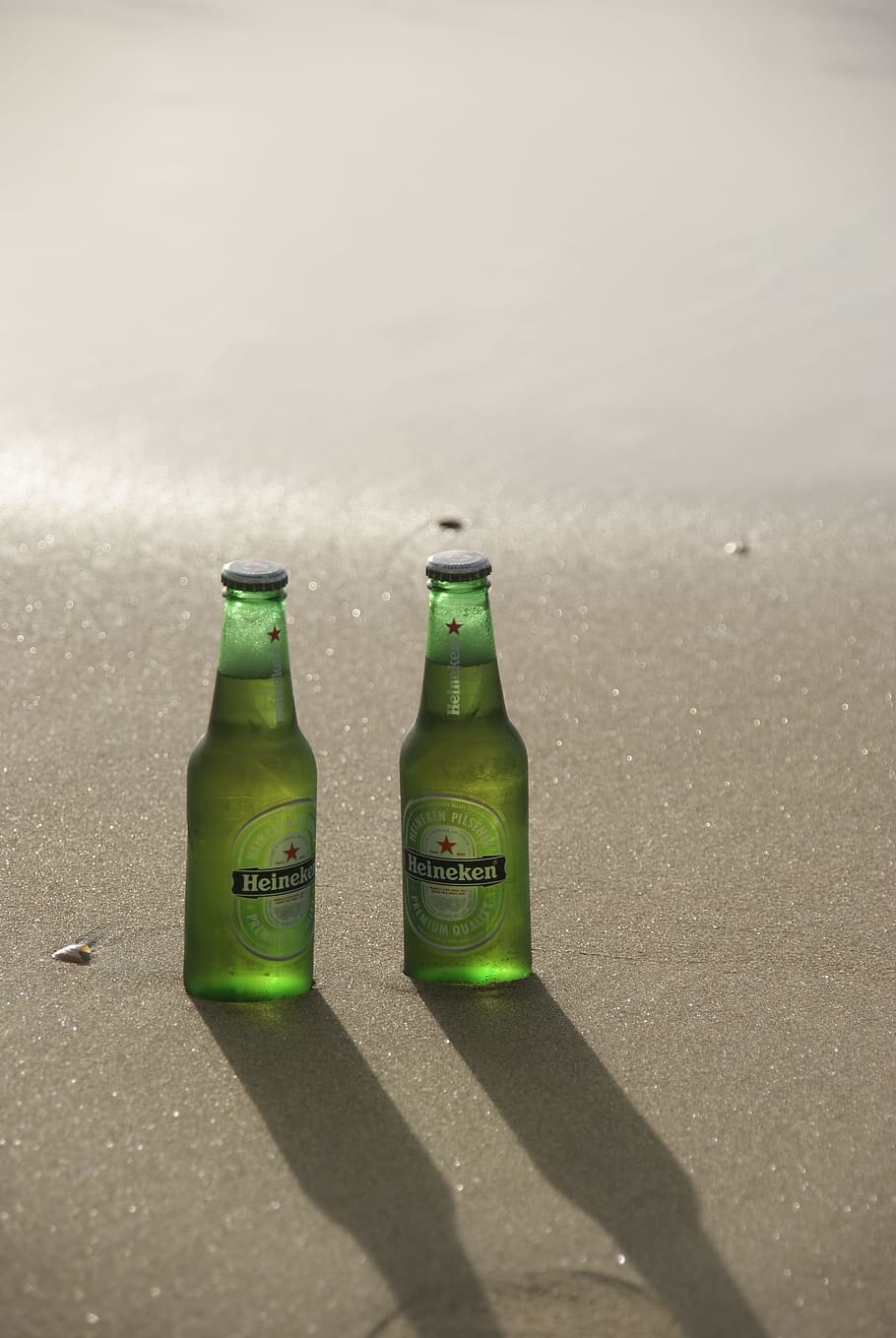 two heineken bottles, Beer, Bottles, Beach, Sand, Sun, beer bottles, beach, sand, heineken, bottle