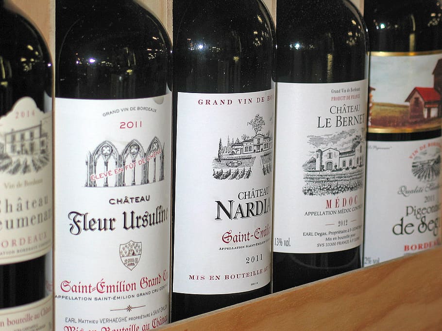 five chateau bottles, wine, wine bottles, french red wine, bottle, red wine, alcohol, glass bottle, drink, bottleneck