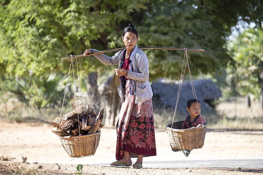 Myanmar, orang-orang, miskin, burma, asia, outdoor, tradisional, wanita, budaya, pedesaan