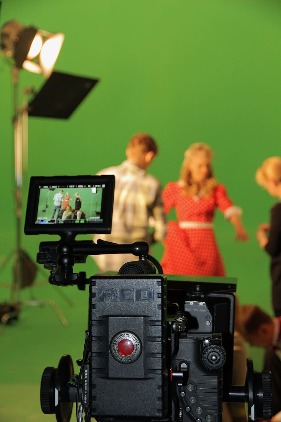 close-up photo, black, video camera, chromakey, shooting, film, movie, scene, set, green