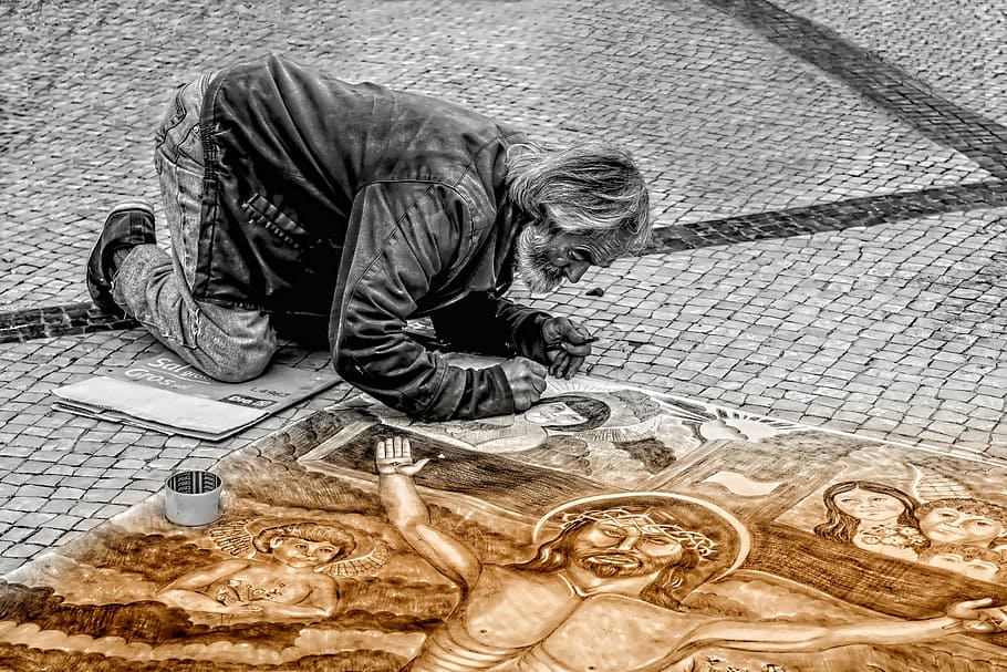 man painting crucifixion, road, man, artist, street, painter, painting, art, people, black And White