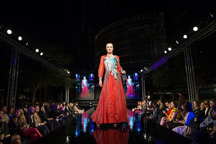 woman, wearing, red, blue, long-sleeved, dress, fashion show, fashion, catwalk, model