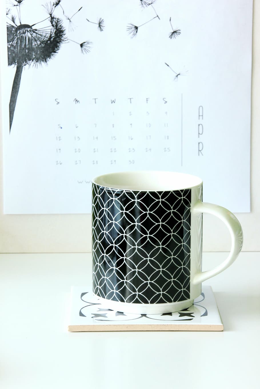 white, black, ceramic, mug, coaster, work desk, calendar, coffee, the drink, table