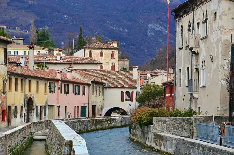 italy, vittorio veneto, city view, channel, architecture, water, built structure, building exterior, building, mountain