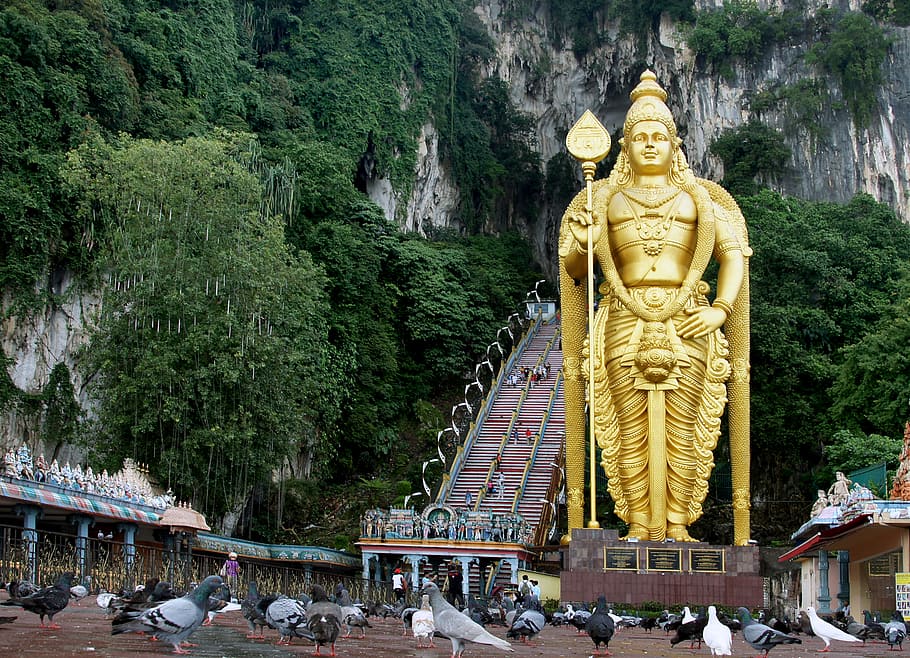 Batu Caves, Kuala Lumpur, Malaysia, gold Buddha statue, sculpture, statue, human representation, art and craft, belief, representation