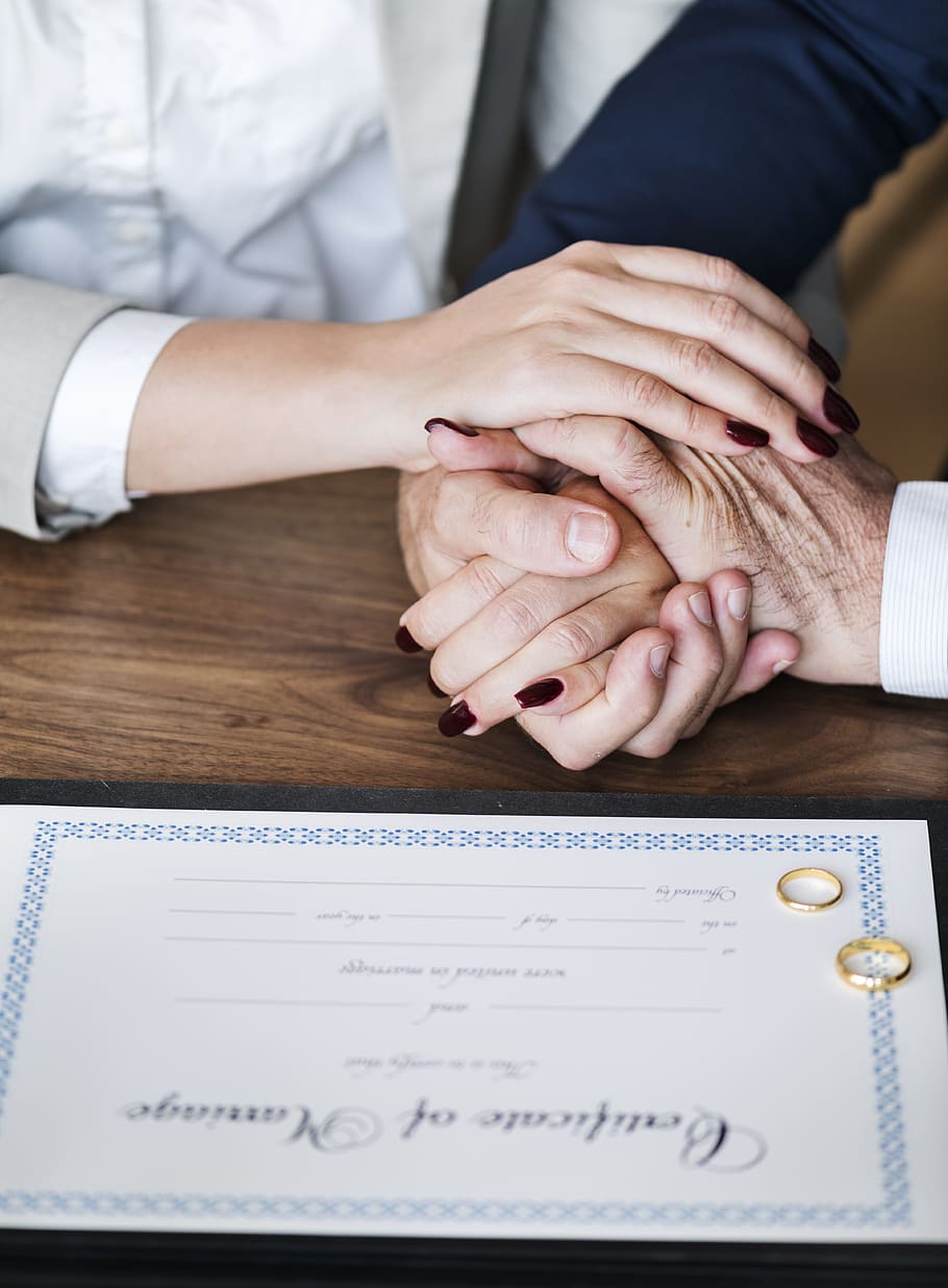 two, person, holding, hands, certificate, gold-colored rings, adult, america, american, application