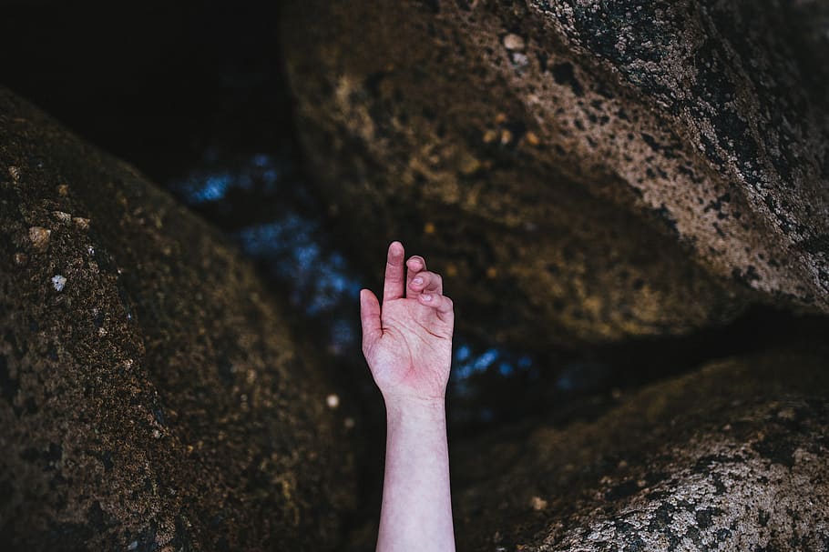 hand, rocks, nature, river, human body part, body part, water, one person, rock, day