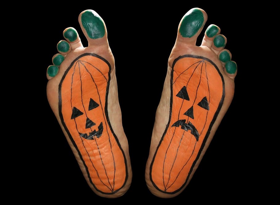 pumpkin, feet, foot, fun, funny, sole, painted, ten, black background, human body part