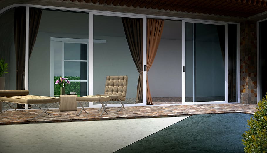 brown, curtain, clear, glass window, villa, terrace, garden, furniture, render, lighting