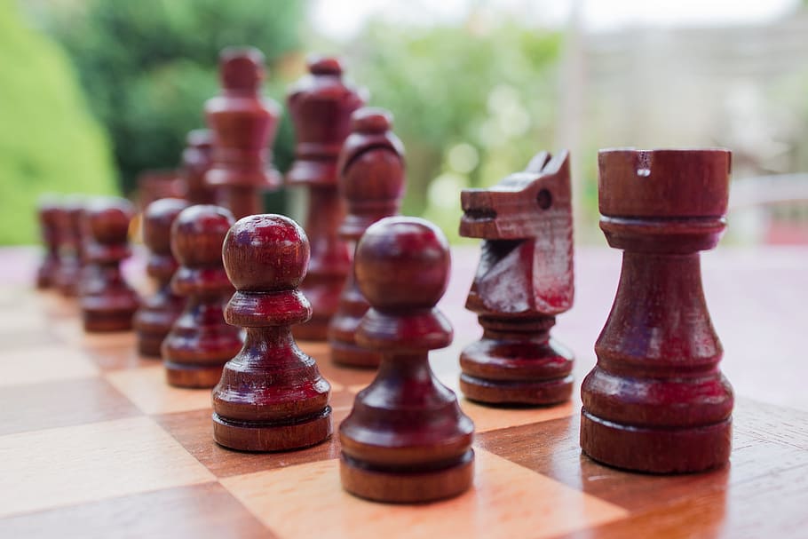 Chess, Board, Wood, Game, black pieces, outdoor, summer, strategy, chess piece, chess board