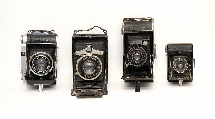 four, black, folding, cameras, white, surface, vintage, german, zeiss ikon, franka werke