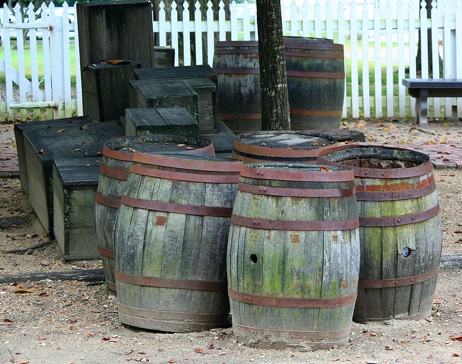 five, green, wooden, barrels, cylindrical, boxes, casks, old, rusty, rustic