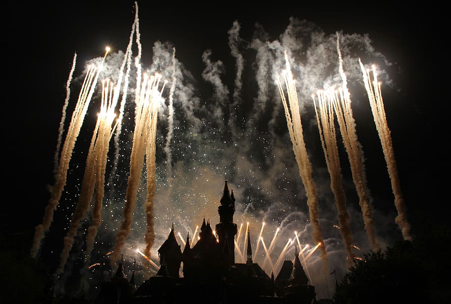 disney, disneyland, castle, fireworks, night, california, firework display, firework, architecture, celebration