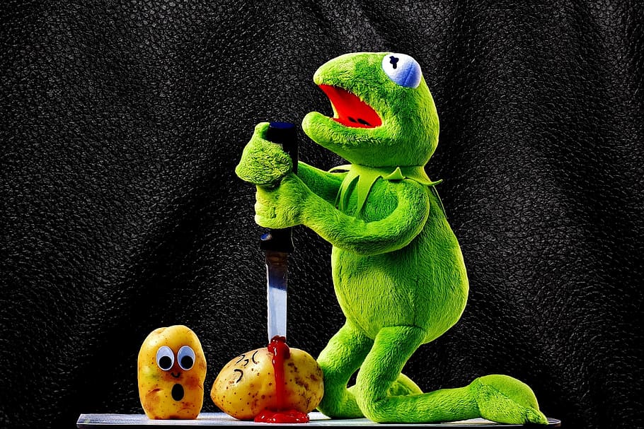 kermit the frog, potatoes, knife, ketchup, blood, murder, funny, kermit, frog, cute