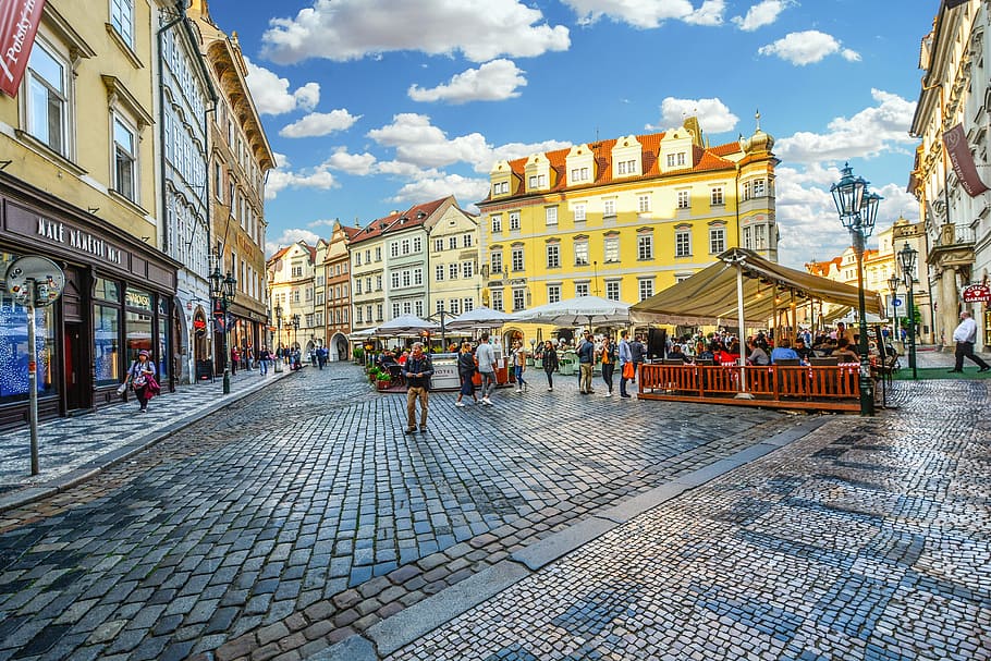 people, plaza, surrounded, buildings, prague, old town, czech, cafe, tourist, travel