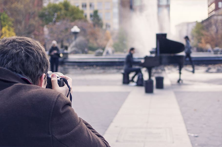 piano, instrument, music, photographer, art, man, street, rear view, real people, focus on foreground