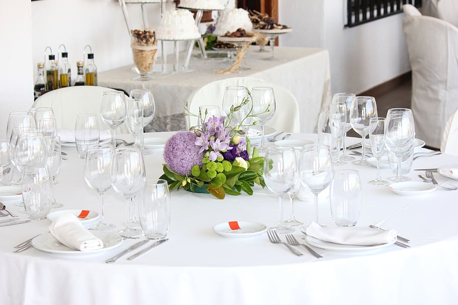 fine, dining dinnerware, set, white, tablecloth, covered, table, wedding, flowers, summer