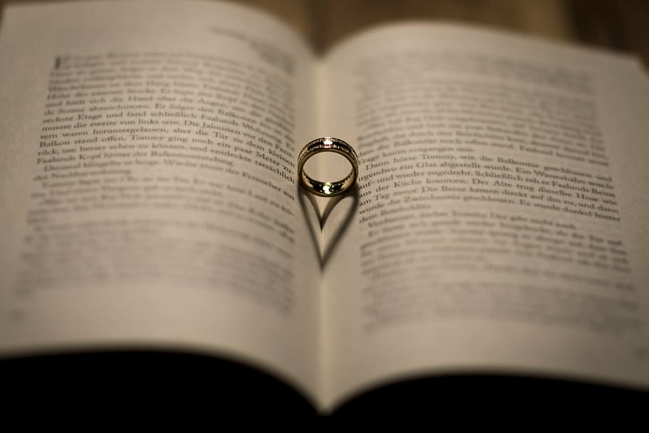silver-colored ring, whit, opened, book, wedding, ring, shadow, wedding ring, heart, read