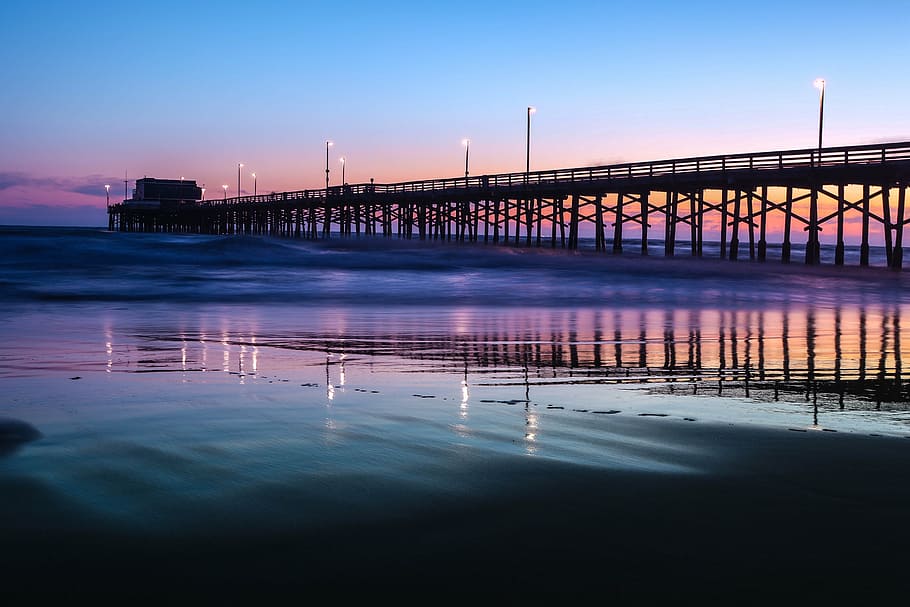 view of bridge, sea, ocean, water, wave, nature, pier, blue, sky, lights
