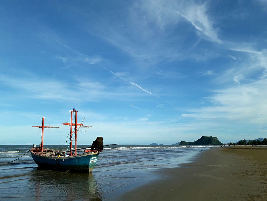 pantai, pak nam pran, kapal, musim panas, thailand, teluk thailand, tepi laut, langit, parkir perahu, di pagi hari