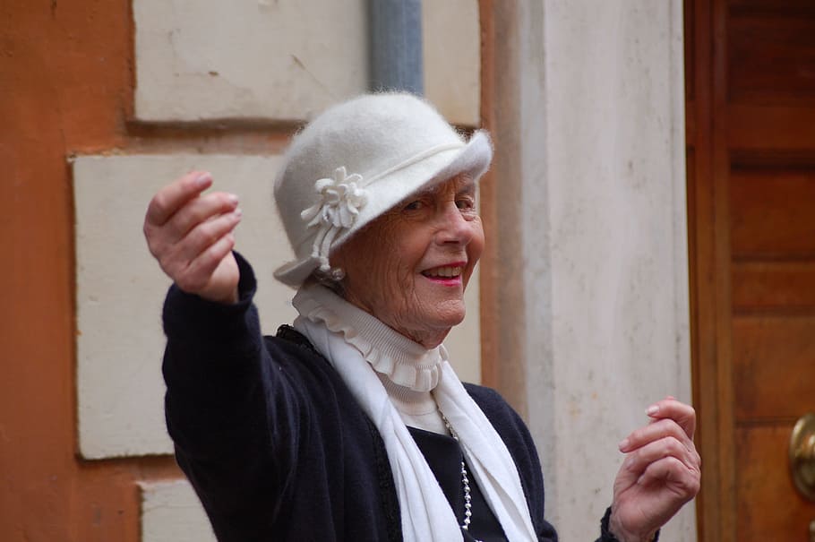 woman, wearing, white, cloche hat, black, long-sleeved, top, senior, elderly woman, third age