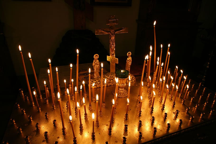 church, candle, monastery, orthodox, prayer, spirituality, burning, illuminated, fire, flame
