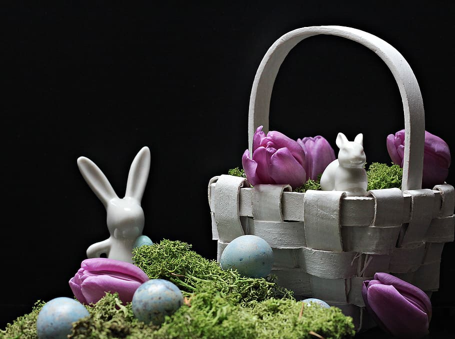 white, rabbit, ceramic, figurine, woven, basket, hare, easter bunny, easter, spring