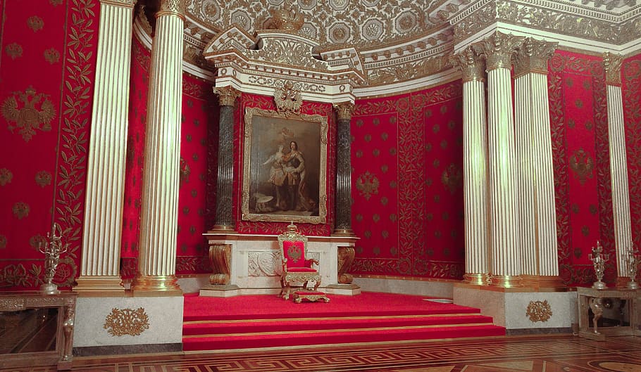 brown, wooden, framed, painting, mounted, red, wall, red wall, russia, palace