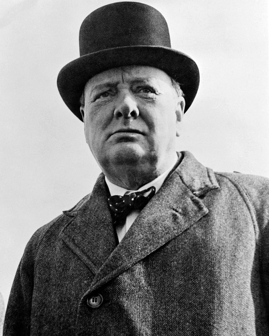 grayscale photograph, man, wearing, coat, hat, sir winston churchill, british, prime minister, politician, world war ii