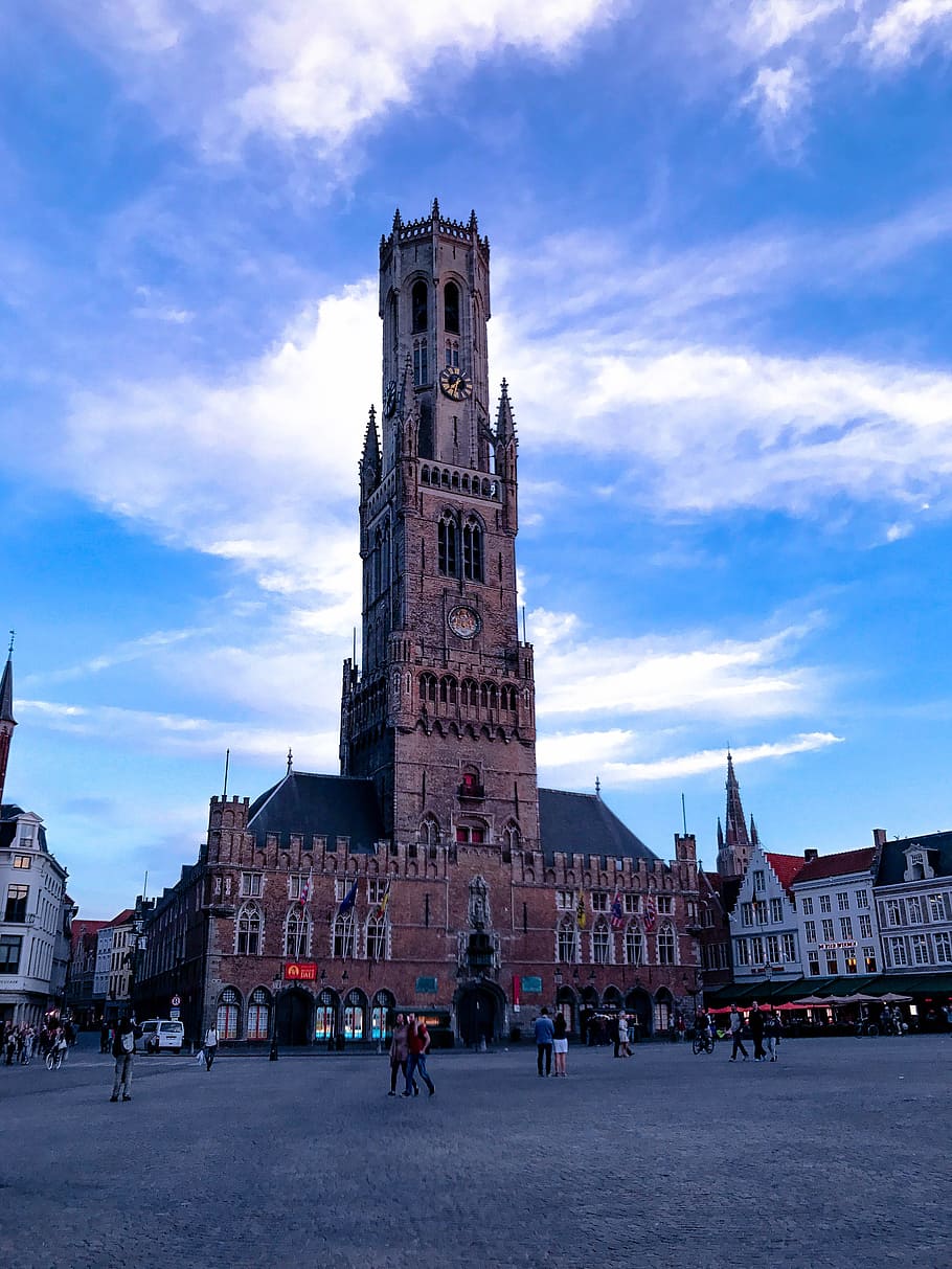 bruges, tower, clouds, medieval architecture, belgium, architecture, built structure, sky, cloud - sky, building exterior