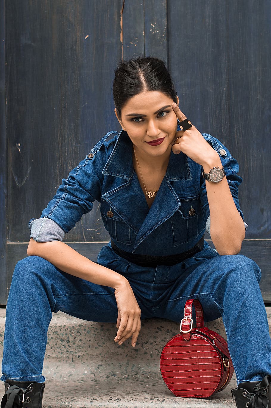 female, portrait, model, fashion, girl with purse, girl in denim clothes, sitting girl, wearing watch, indian, sitting
