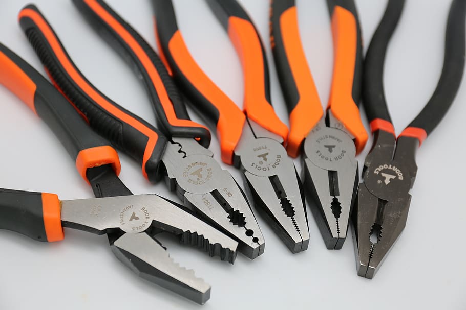 combination, plier, hand tool, tools, repair, work tool, tool, indoors, orange color, metal