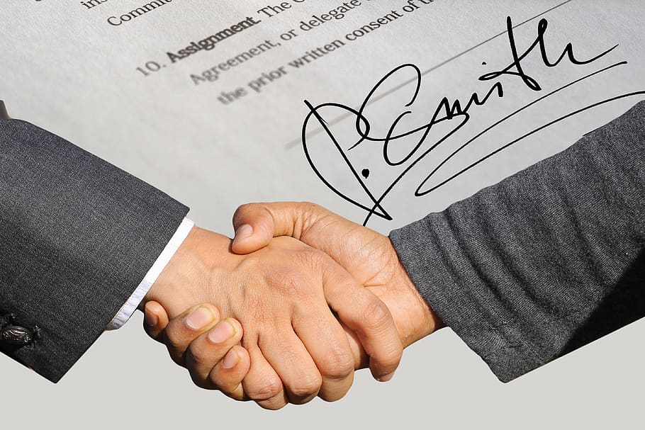 assinatura, contrato, apertando as mãos, aperto de mão, acordo, parceria, mão, homem, cooperação, plano de fundo