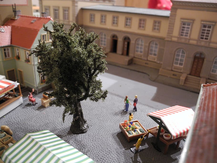 modelo ferroviario, h0, mercado, puesto de frutas, juguetes, modelo de tren, escala h0, exterior del edificio, arquitectura, árbol