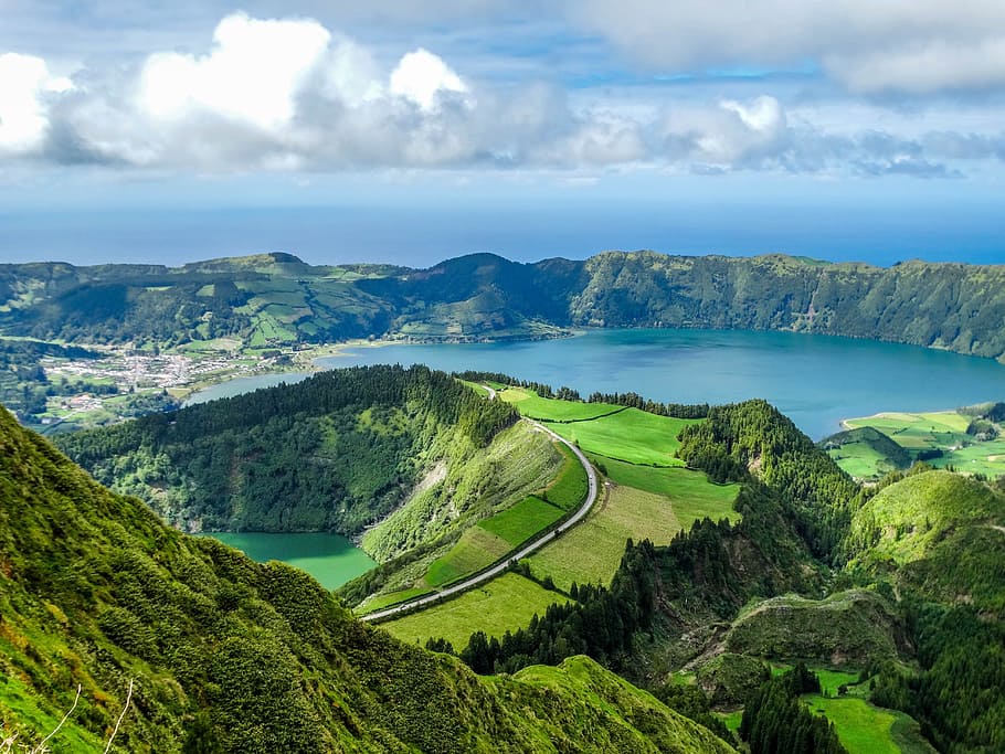 aerial, lake, mountains, nature, landscape, pond, volcano, crater, water, azores