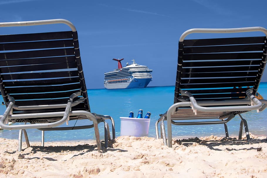 two, empty, outdoor, lounges, body, water, carnival cruise, half moon cay, holidays cruise, cruise