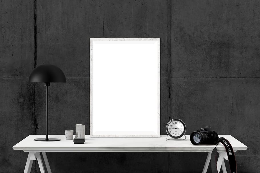 grayscale photography, console, table, poster, mockup, imac, interior, desk, indoors, wall - building feature