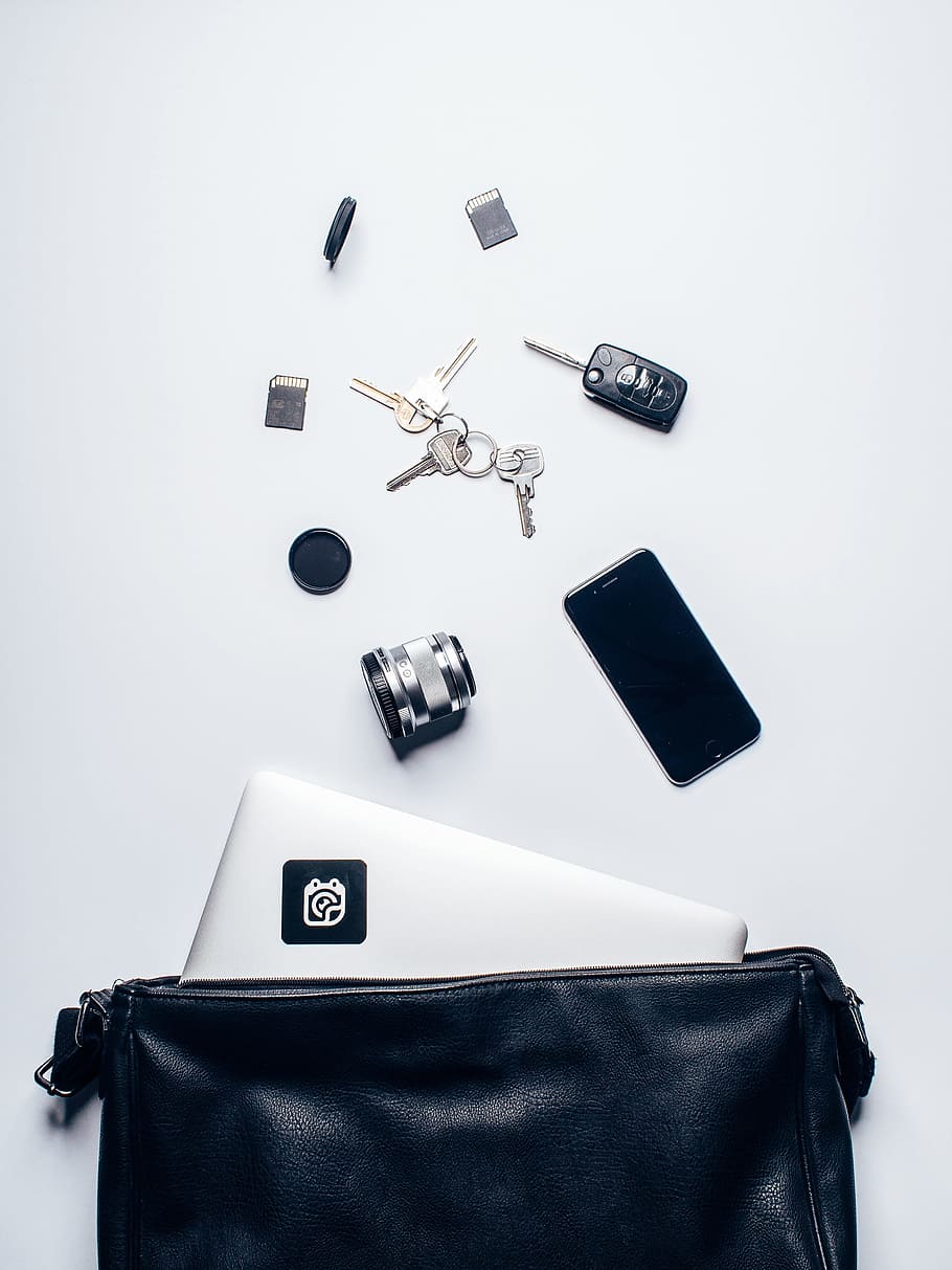 flat, lay, photography, devices, keys, white, surface, leather, bag, laptop