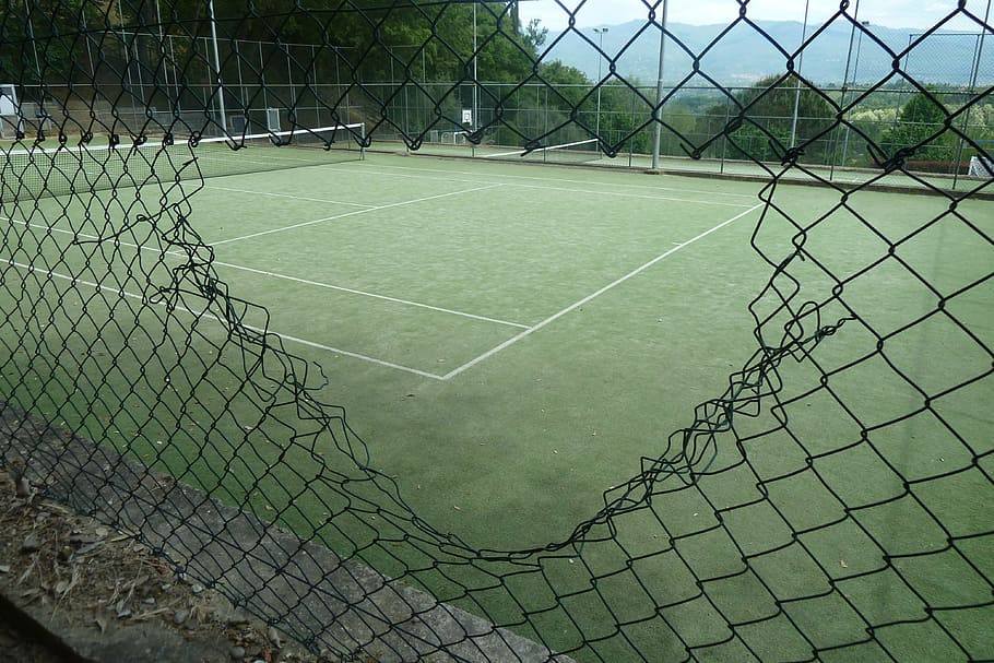 lapangan tenis, tenis, hijau, patah, berlubang, olahraga, jaring tenis, pagar, jaring - peralatan olahraga, lapangan