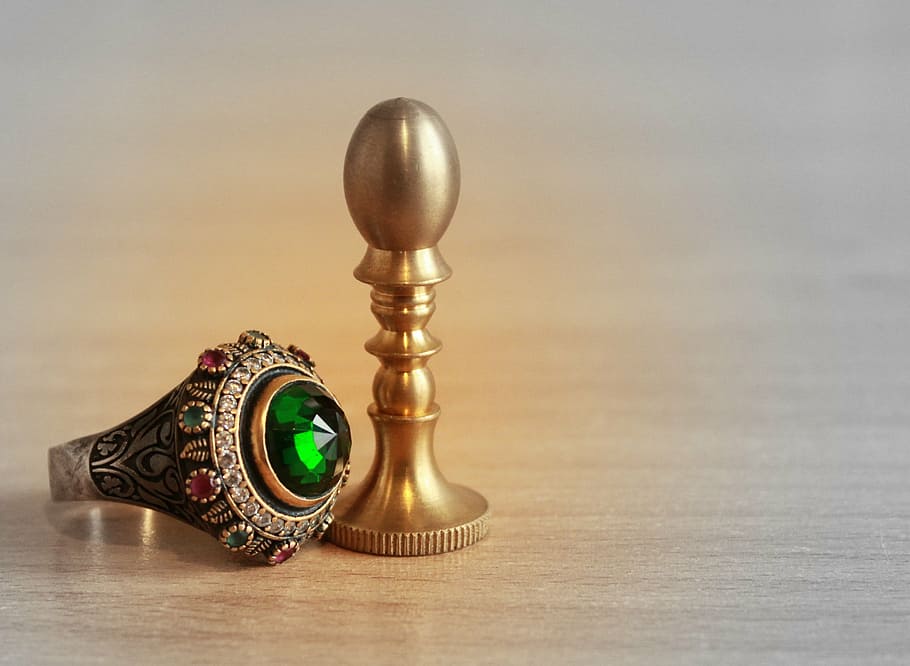 silver-colored ring, green, gemstone, ring, print, stamp, jewelry, emerald, jeweler, power