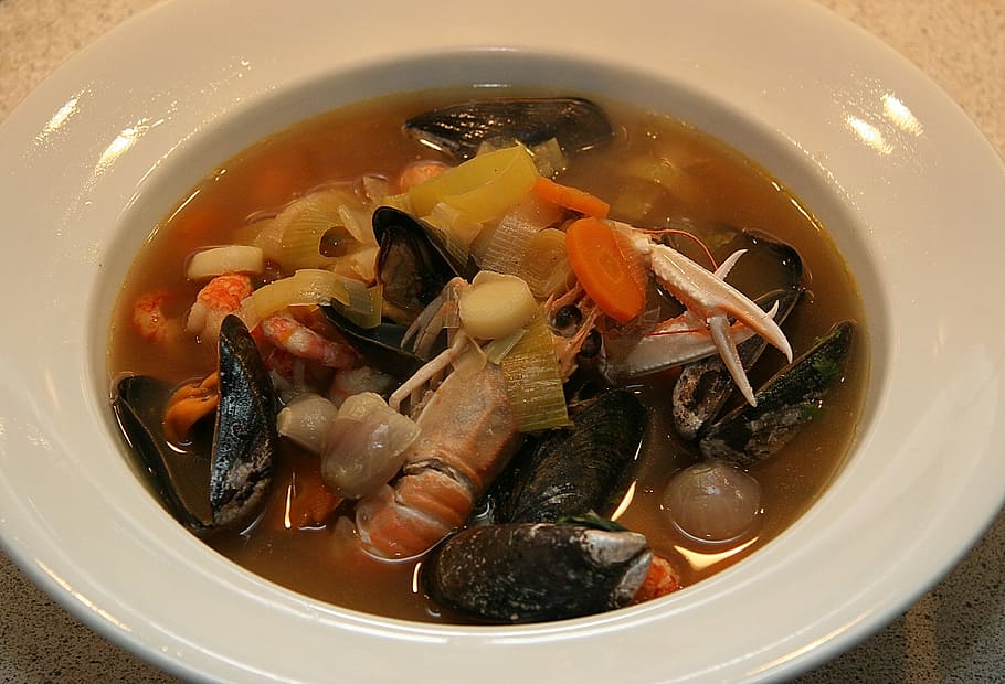 sup ikan bouillabaisse, Prancis, Bouillabaisse, Ikan, Sup, sup ikan bouillabaisse Prancis, sup ikan, sup makanan laut, makanan laut, kerang