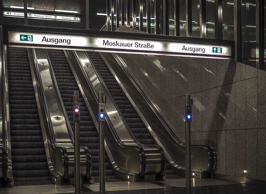 escalator, metro, stairs, railway station, architecture, modern, metal, urban, city, perspective