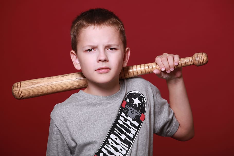 boy, holding, brown, baseball bat, teen, schoolboy, angry, bit, stick, child